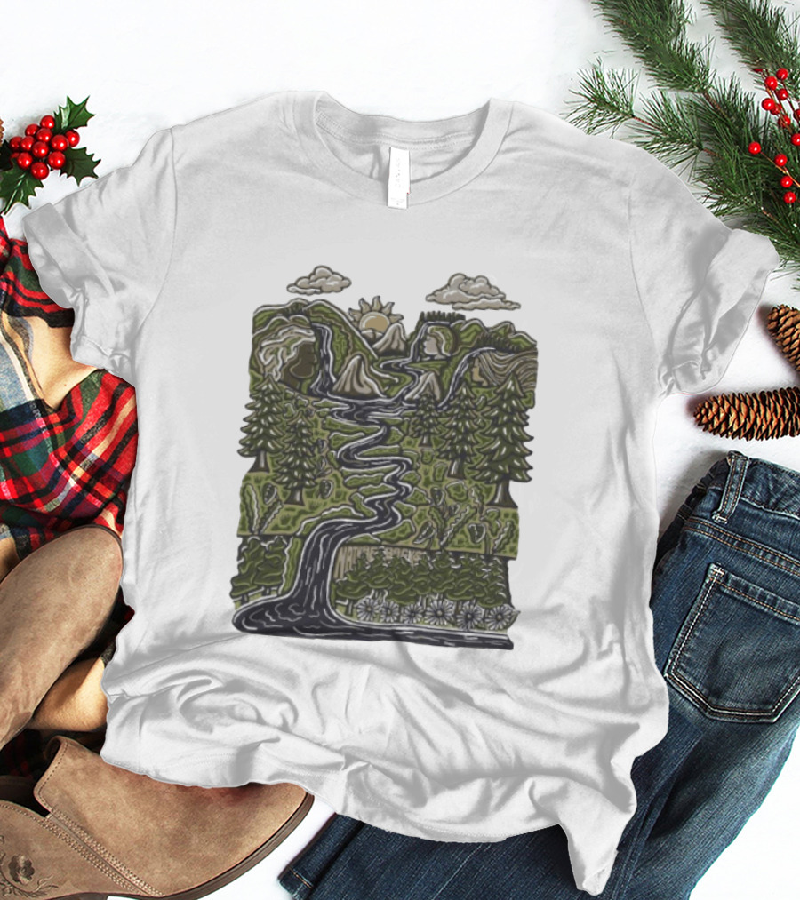 Nature Backs Forest Scene With River Trees Mountains Sun And Clouds T-Shirt