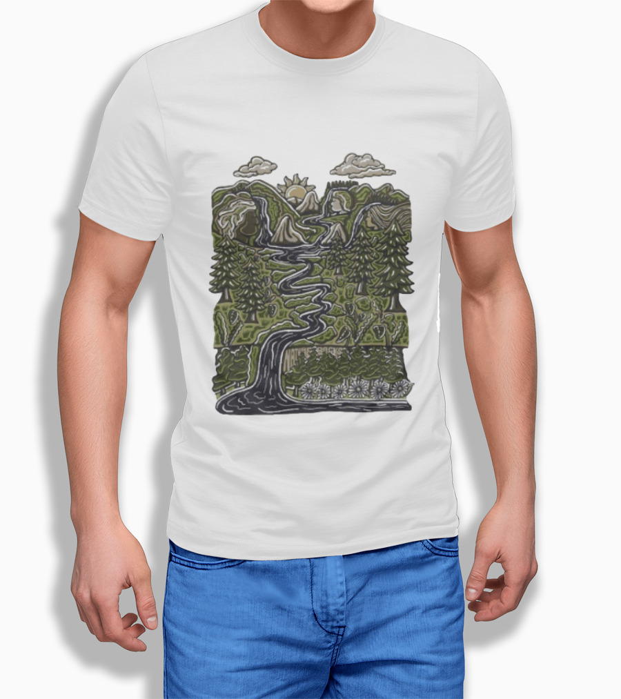 Nature Backs Forest Scene With River Trees Mountains Sun And Clouds T-Shirt
