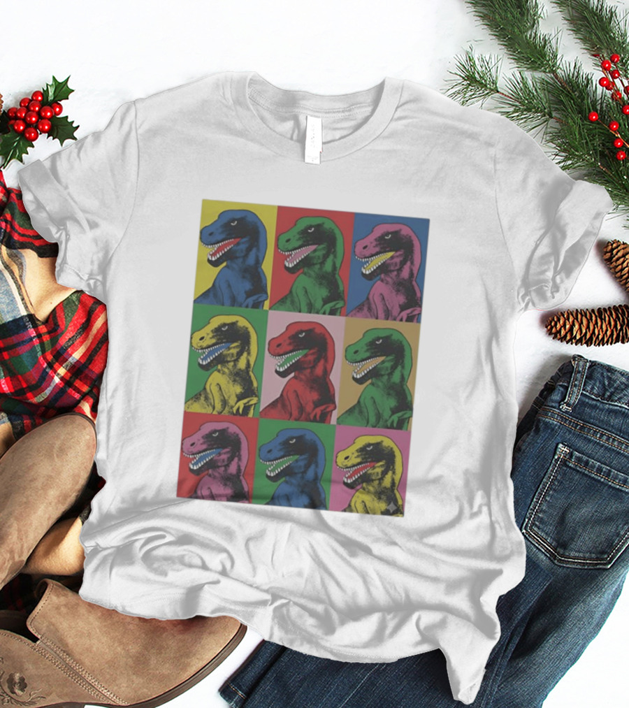 T Rex Pop Dinosaur Multi Colored Grid Prehistoric Reptile Andy Warhol T-Shirt