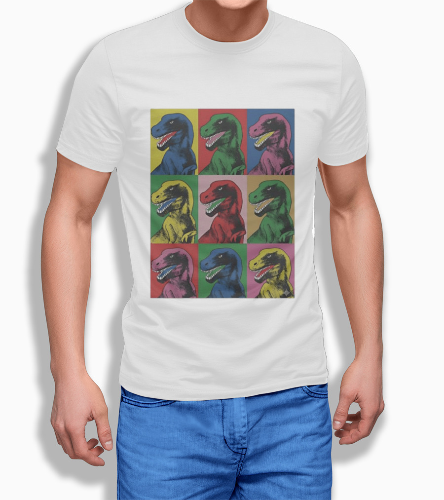 T Rex Pop Dinosaur Multi Colored Grid Prehistoric Reptile Andy Warhol T-Shirt
