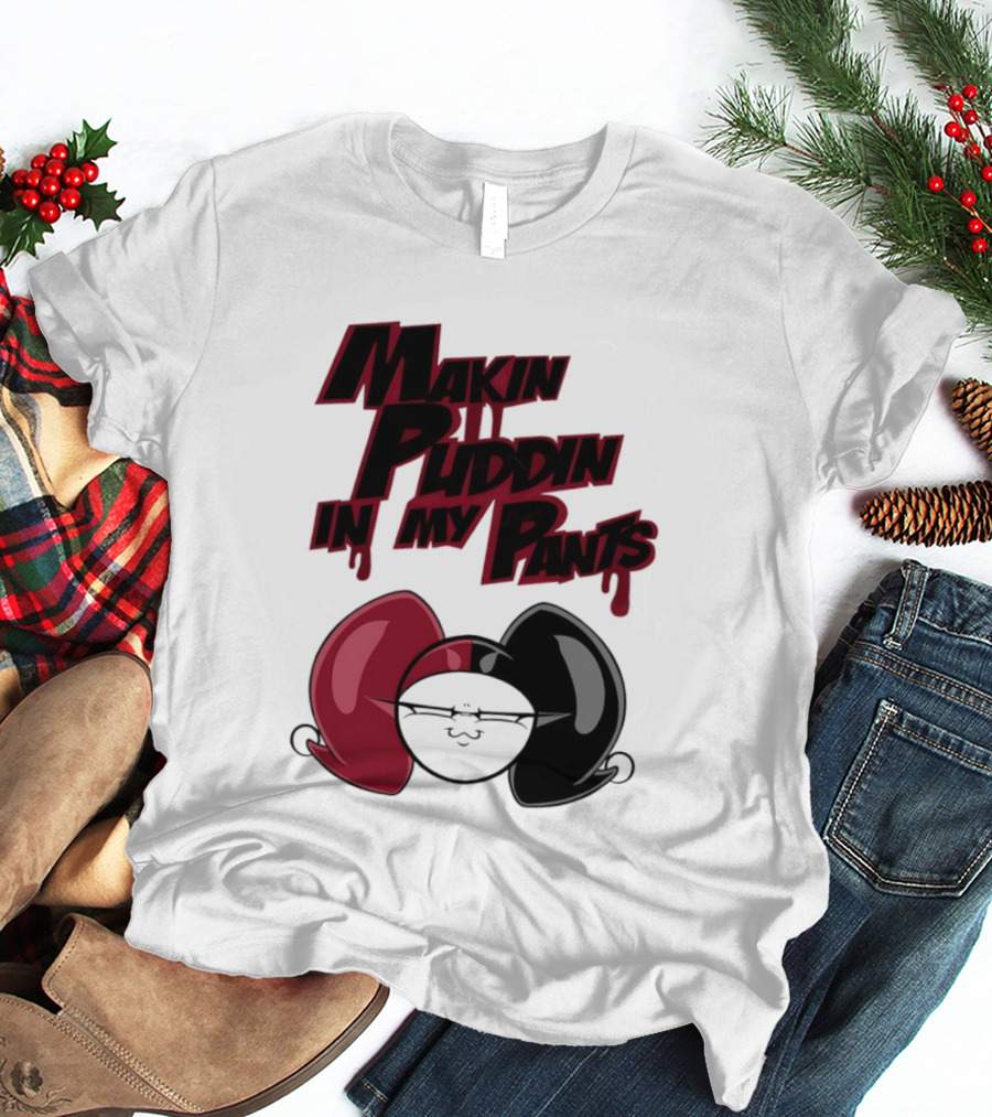 Makin' Puddin' In My Pants Harley Quinn Cartoon Red And Black Pigtails T-Shirt