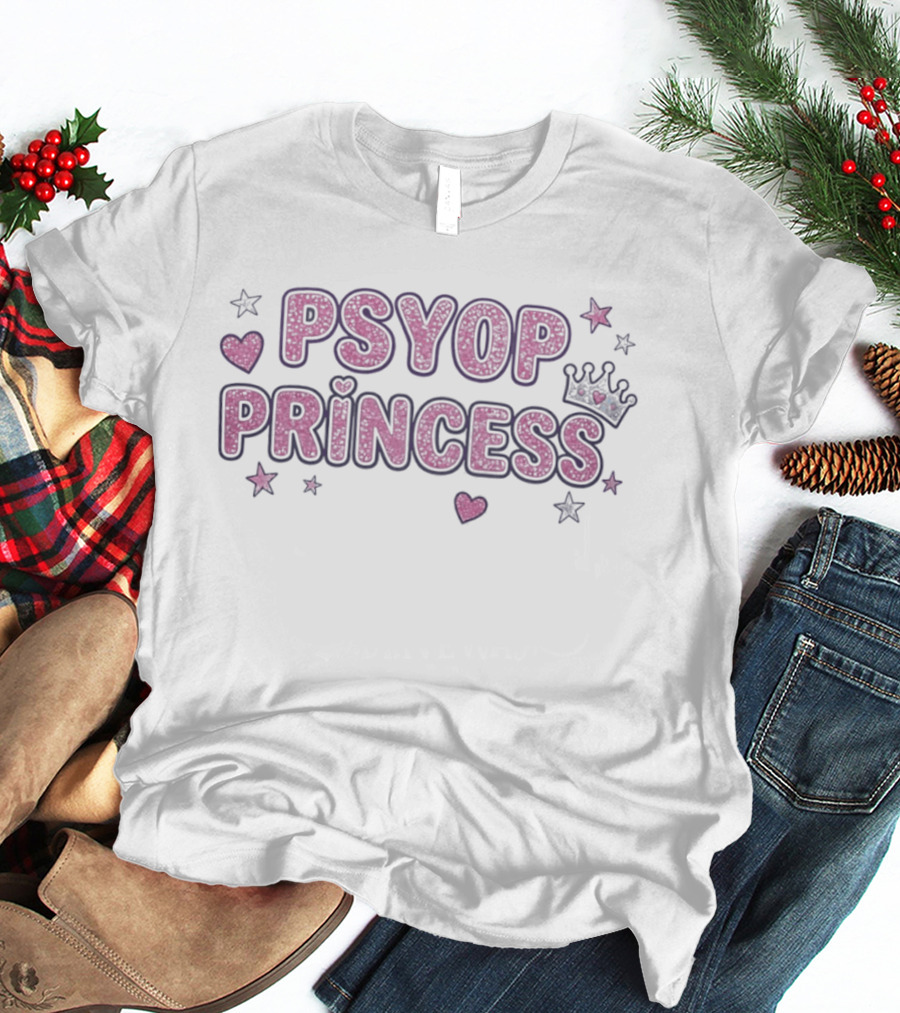 Psyop Princess Y2K Aesthetic Pink Glitter Star Heart Crown T-Shirt