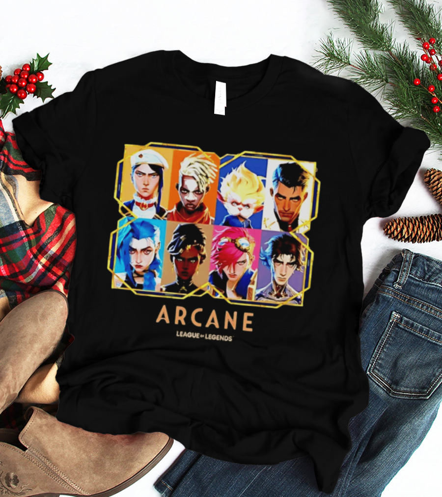 Arcane League Of Legends Jinx Vi Piltover Zaun Hextech Characters Gold Frame 2026 T-Shirt