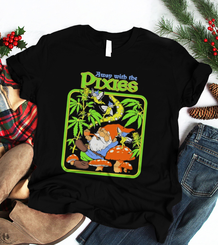 Away With The Pixies Gnome Smoking Cannabis Mushroom Fantasy Scene T-Shirt
