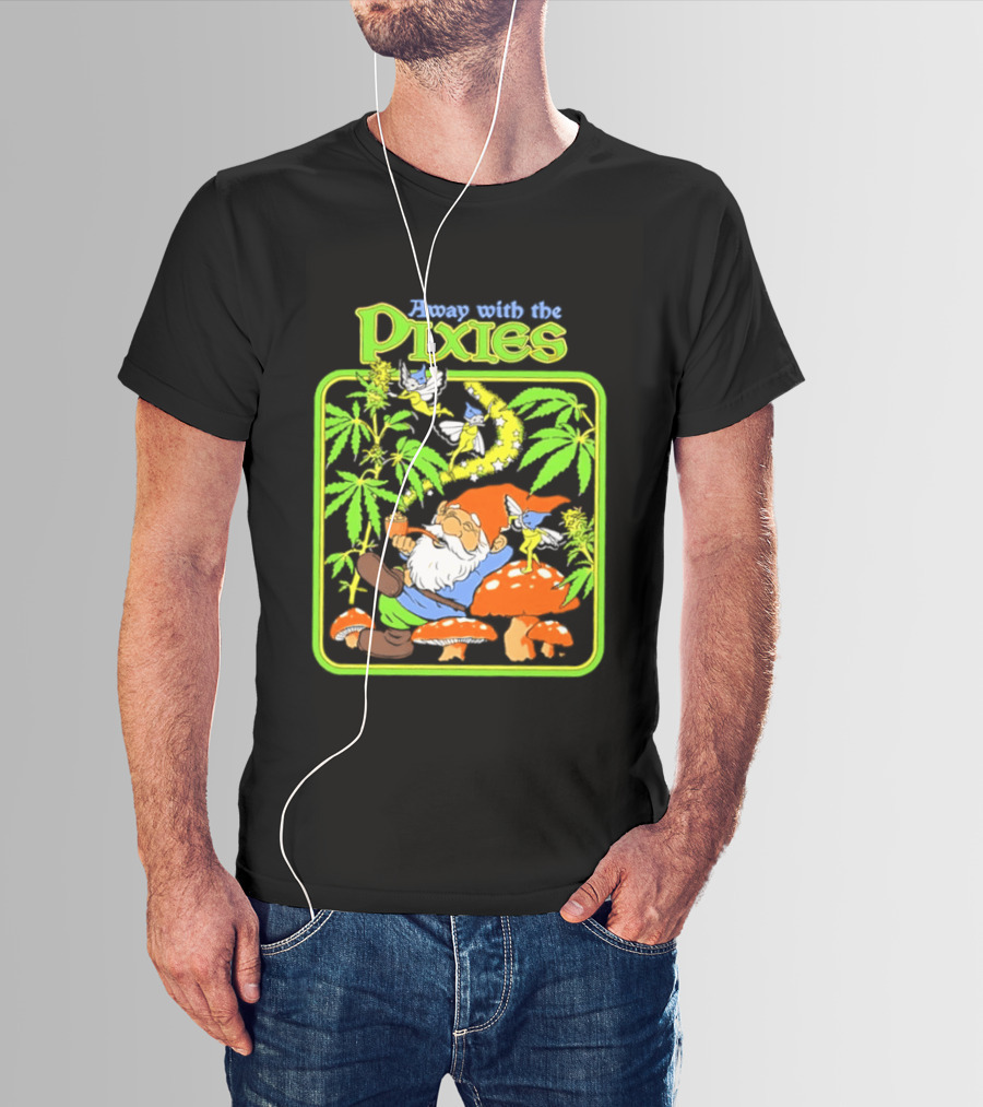Away With The Pixies Gnome Smoking Cannabis Mushroom Fantasy Scene T-Shirt
