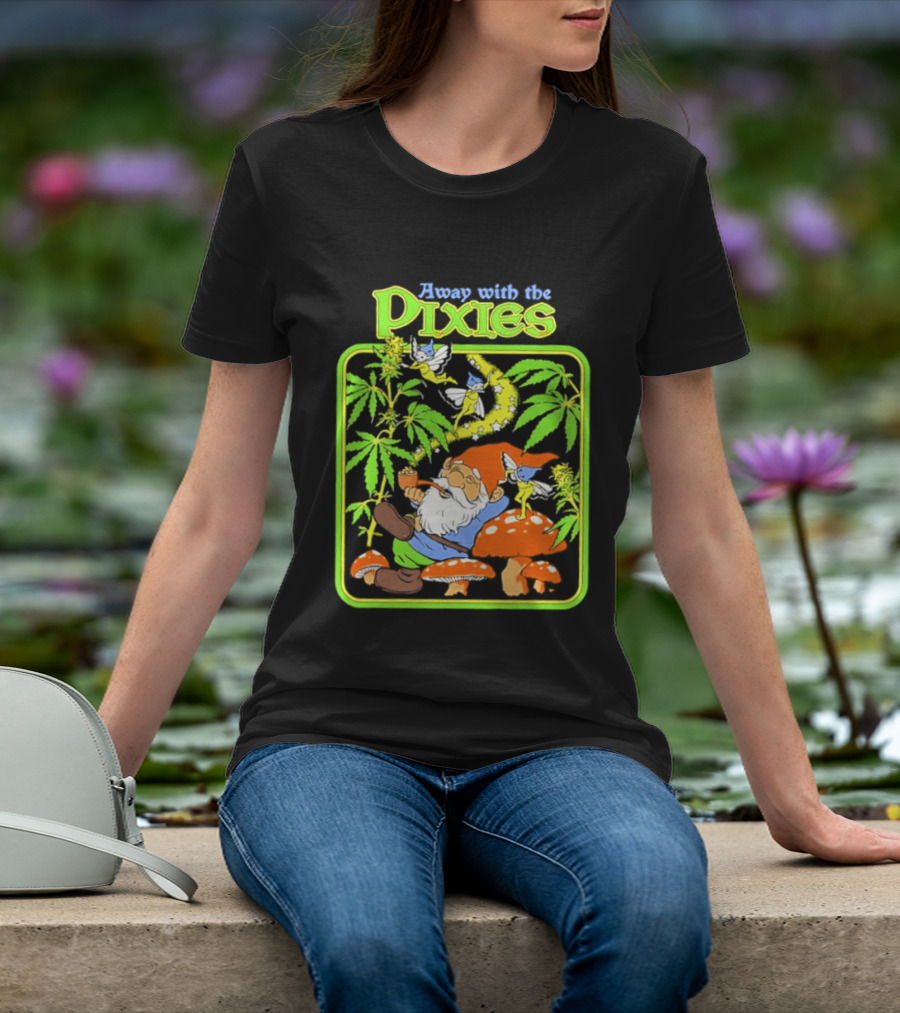 Away With The Pixies Gnome Smoking Cannabis Mushroom Fantasy Scene T-Shirt