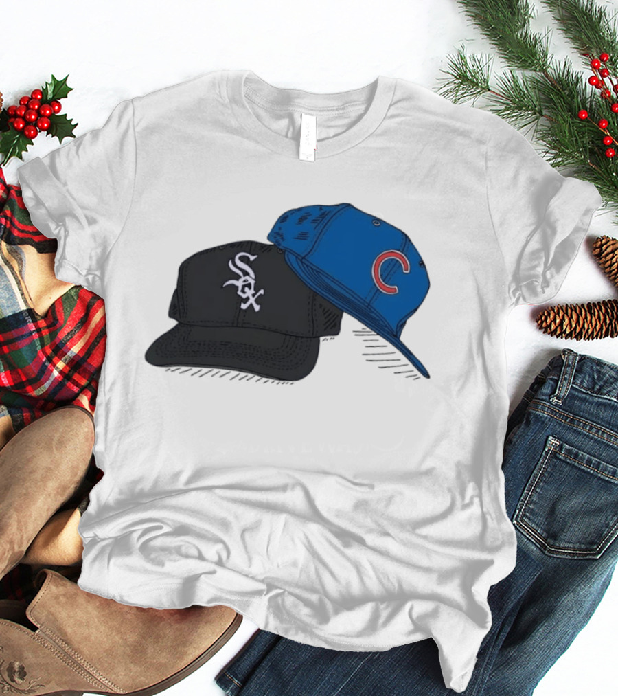 Chicago White Sox Black Hat And Chicago Cubs Blue Cap Baseball Fan Collection T-Shirt