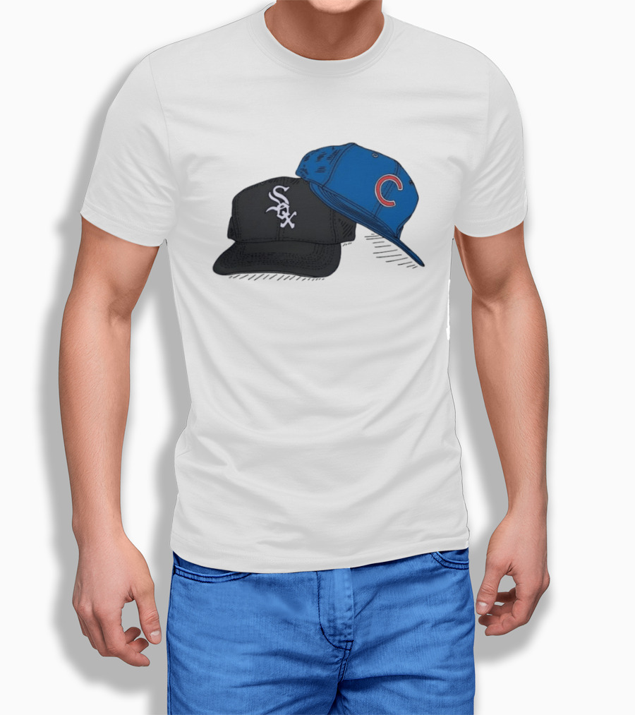Chicago White Sox Black Hat And Chicago Cubs Blue Cap Baseball Fan Collection T-Shirt