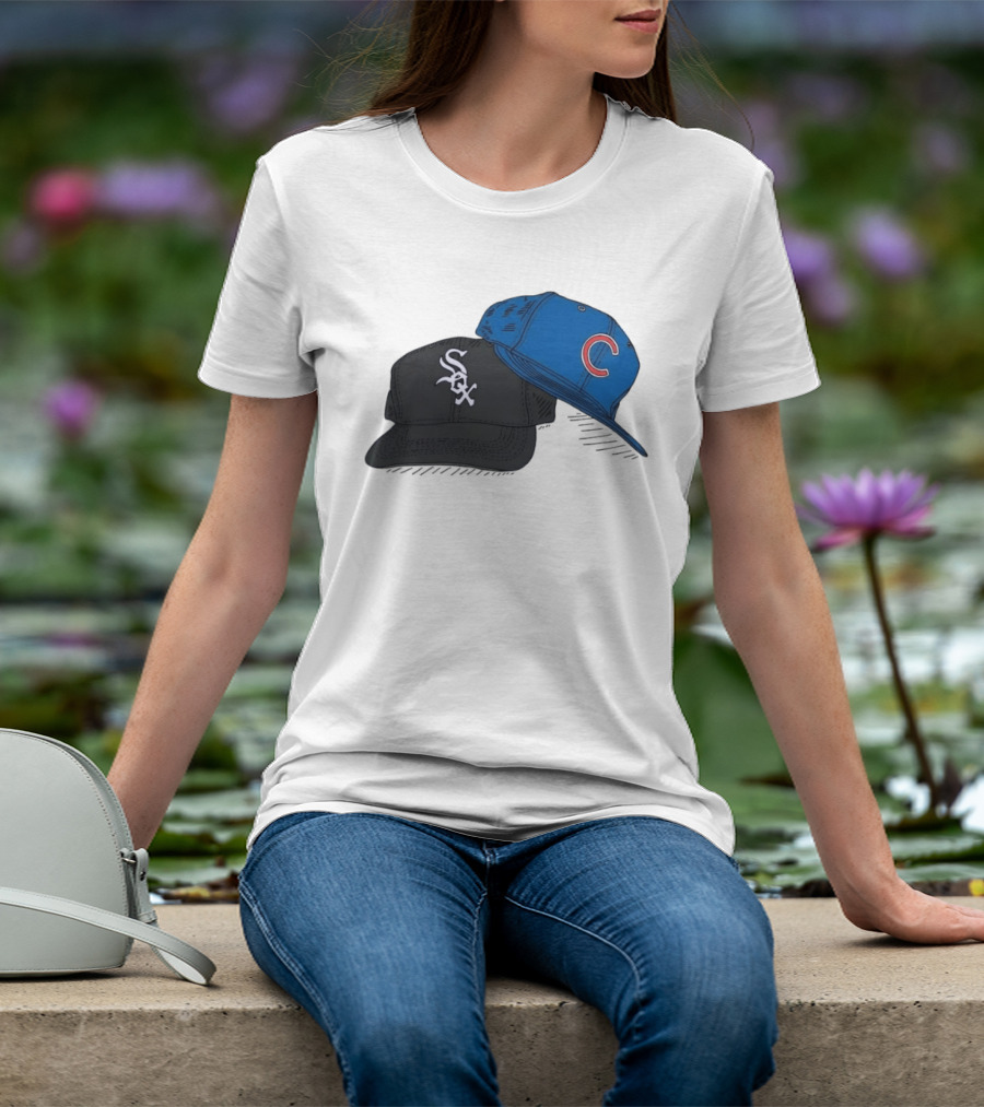 Chicago White Sox Black Hat And Chicago Cubs Blue Cap Baseball Fan Collection T-Shirt