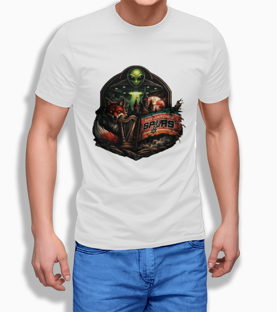 San Antonio Spurs UFO Alien Fox Harp Castle Moon Flag T-Shirt