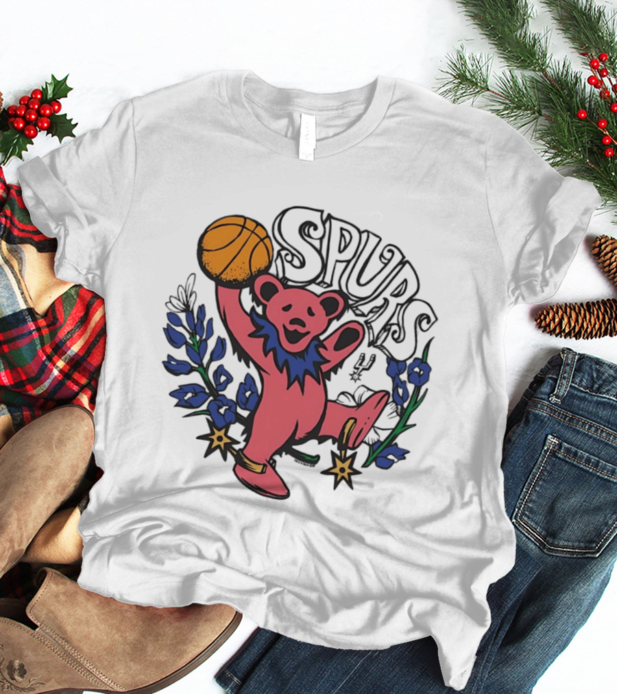 San Antonio Spurs Grateful Dead Bear Basketball Motif T-Shirt