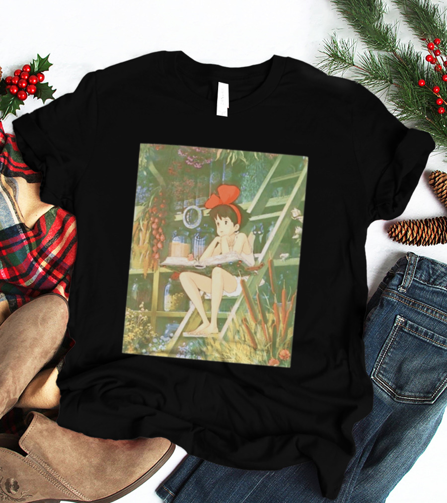 Kiki's Delivery Service Magic Book Cat And Botanical Greenhouse Scene T-Shirt