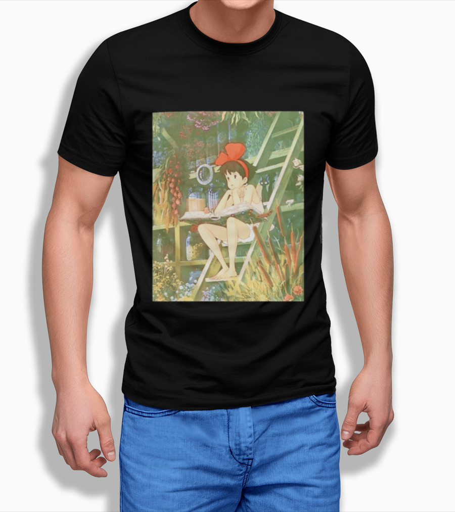 Kiki's Delivery Service Magic Book Cat And Botanical Greenhouse Scene T-Shirt