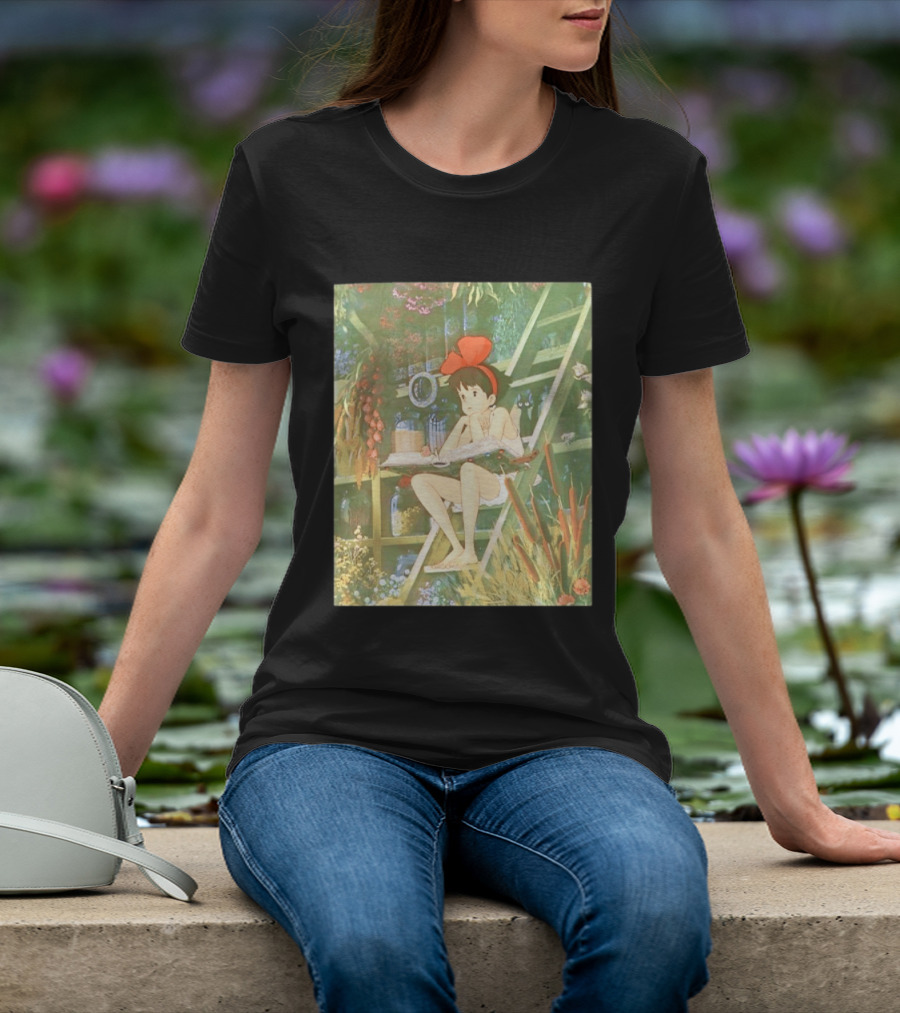 Kiki's Delivery Service Magic Book Cat And Botanical Greenhouse Scene T-Shirt
