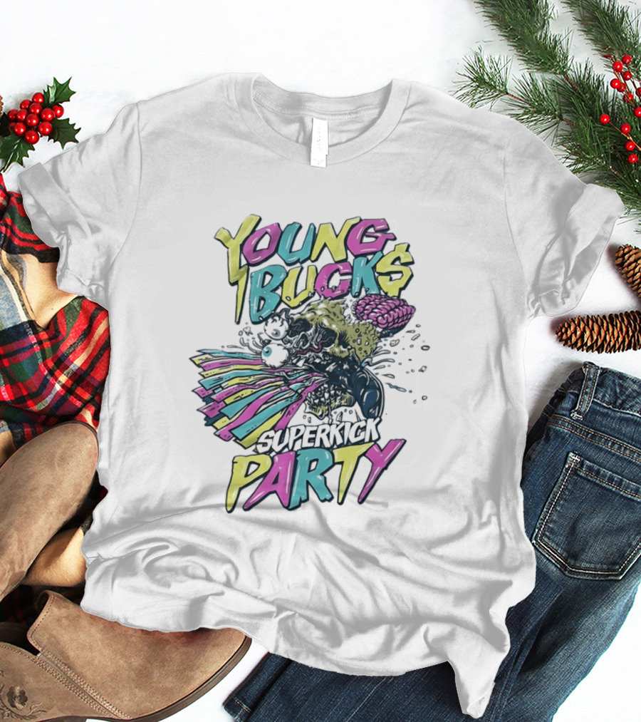 Young Bucks Superkick Party Skull Brain Eyeballs Colorful Explosion T-Shirt