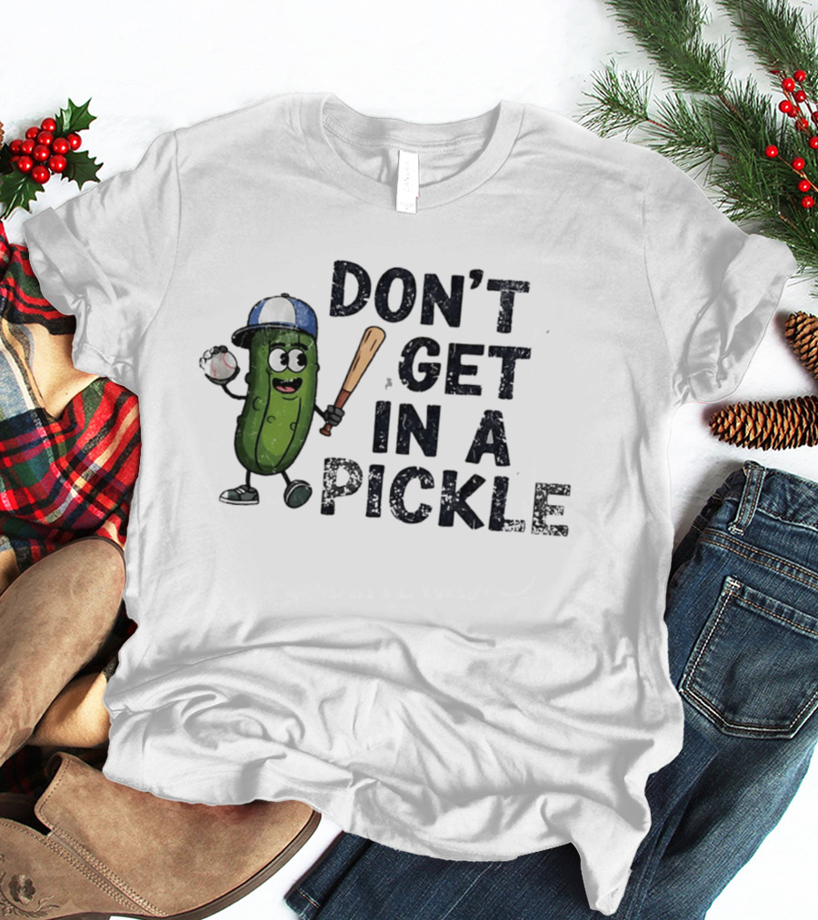 Don't Get In A Pickle Baseball Pun With Pickle Character Holding Bat And Ball T-Shirt