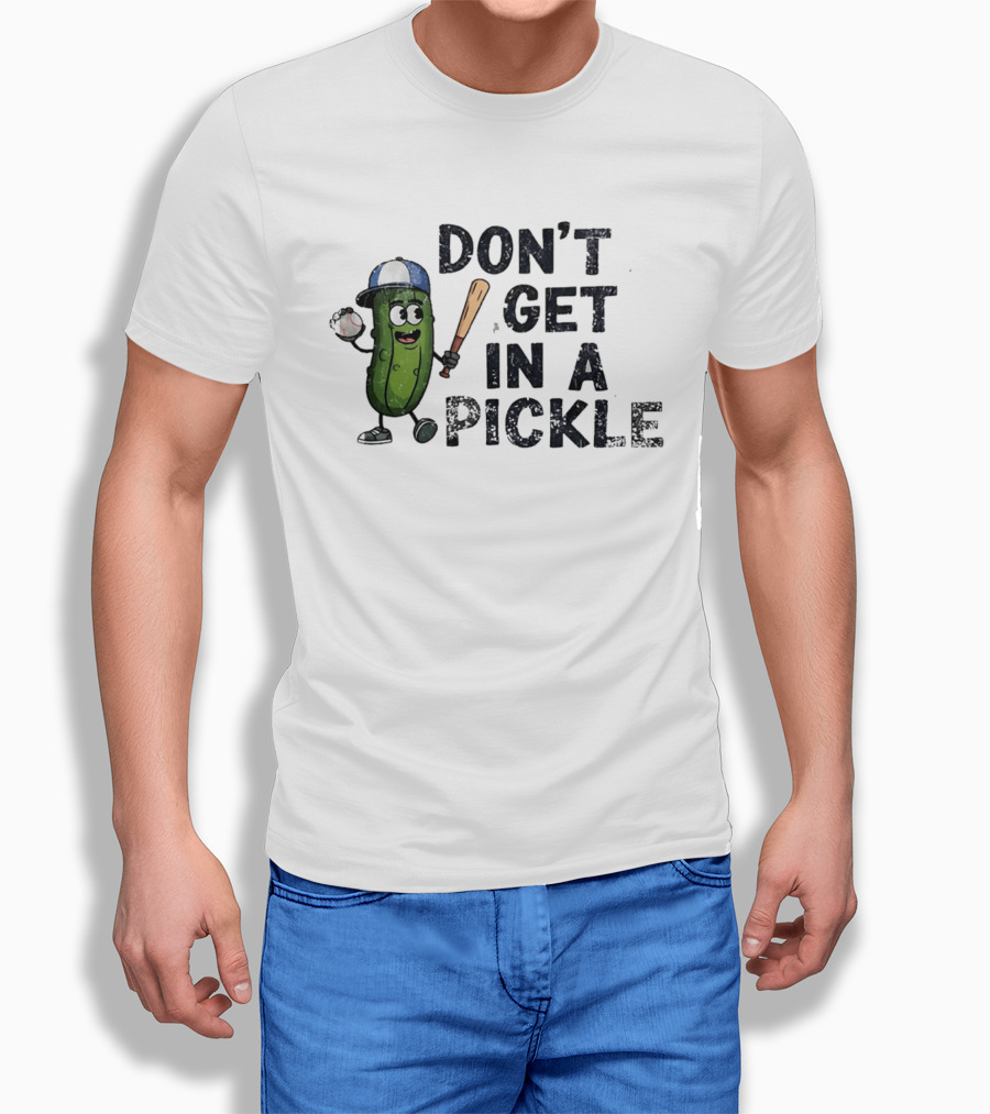 Don't Get In A Pickle Baseball Pun With Pickle Character Holding Bat And Ball T-Shirt