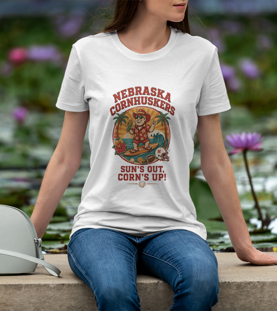 Nebraska Cornhuskers Sun's Out Corn's Up Tropical Surfing Football Fun T-Shirt
