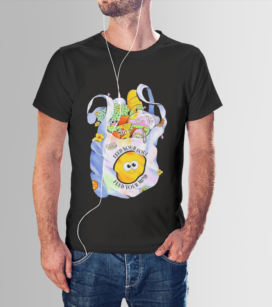 Feed Your Soul Feed Your Mind Bag With Groceries And Cartoon Face T-Shirt