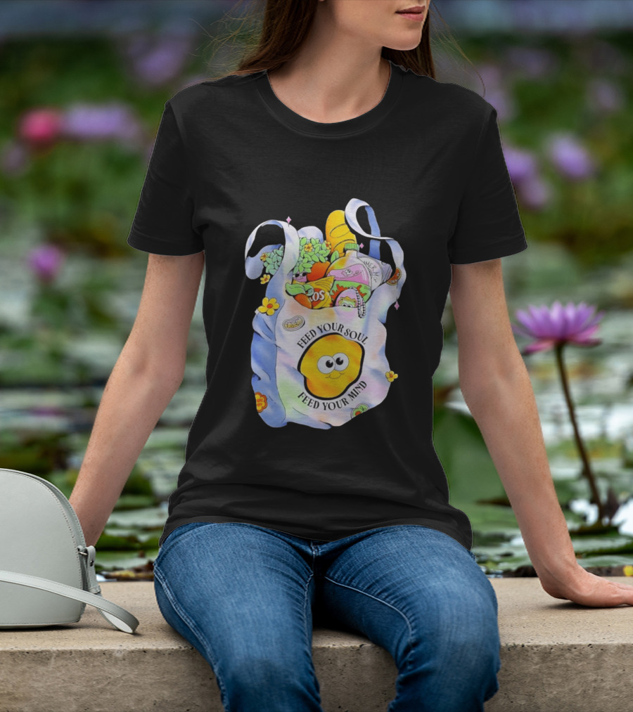 Feed Your Soul Feed Your Mind Bag With Groceries And Cartoon Face T-Shirt