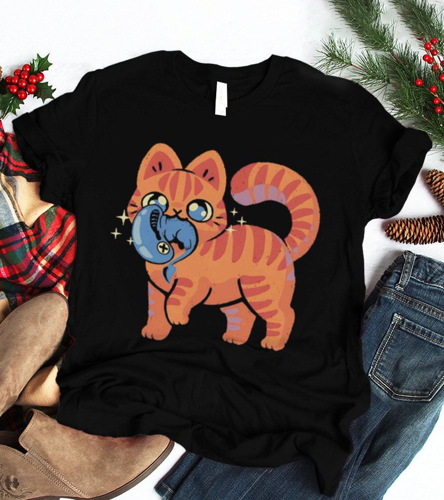 Orange Tabby Cat With Sparkles And Blue Alien Creature T-Shirt