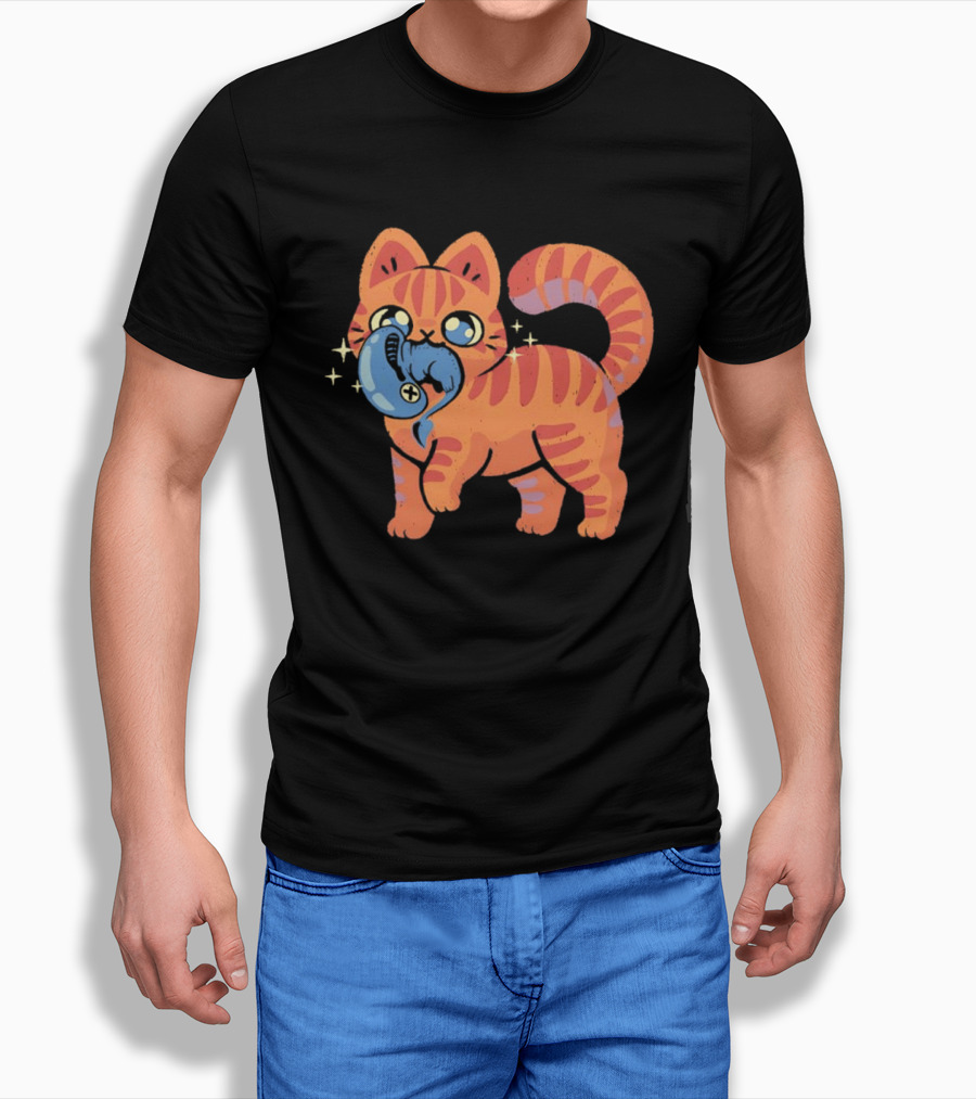 Orange Tabby Cat With Sparkles And Blue Alien Creature T-Shirt