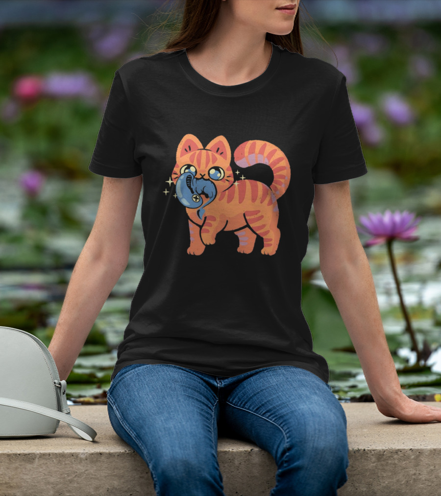 Orange Tabby Cat With Sparkles And Blue Alien Creature T-Shirt