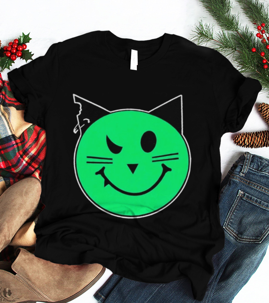 Taliesin Wearing MeowMeowz Smiling Cat Face With Green Circle Black Ears Whiskers T-Shirt