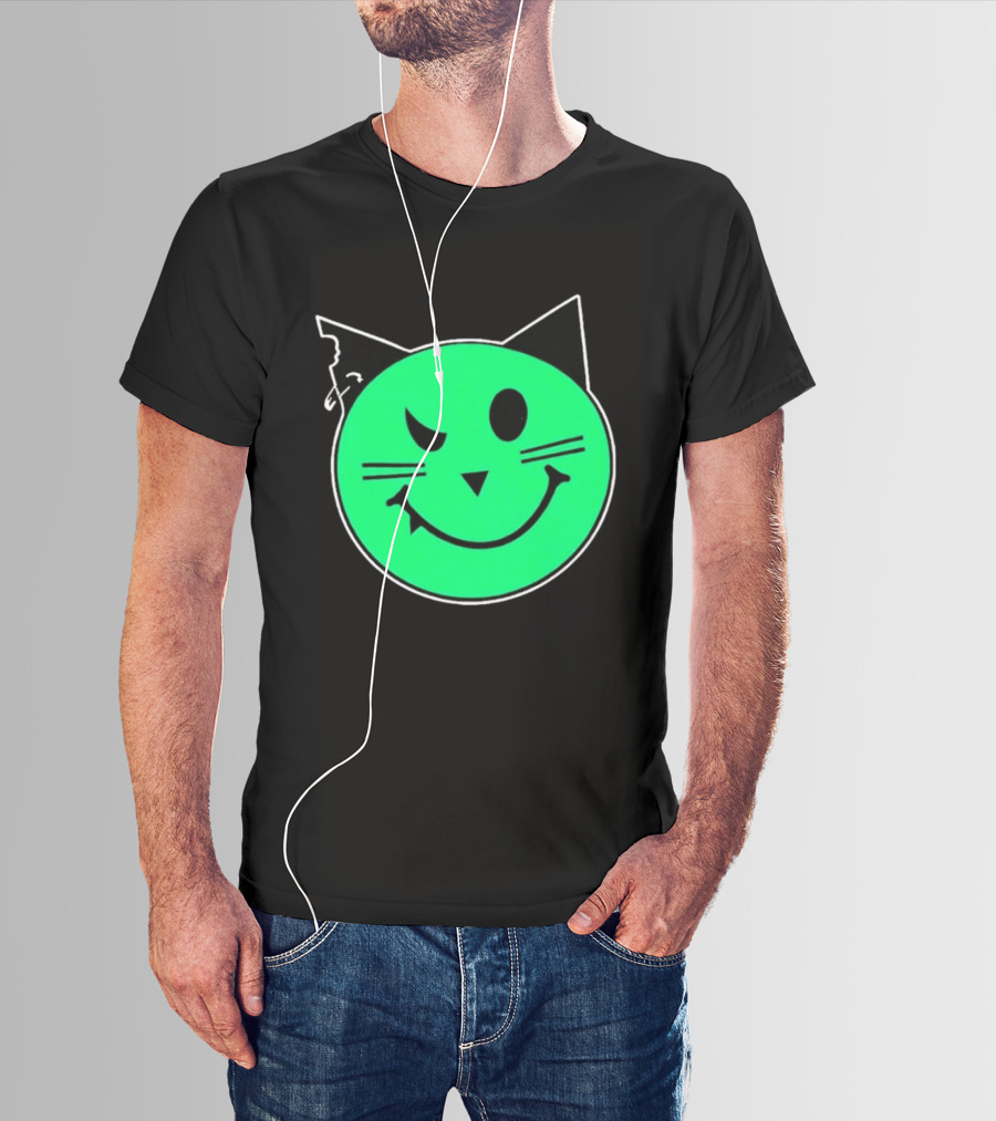Taliesin Wearing MeowMeowz Smiling Cat Face With Green Circle Black Ears Whiskers T-Shirt