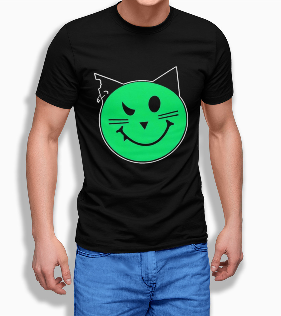 Taliesin Wearing MeowMeowz Smiling Cat Face With Green Circle Black Ears Whiskers T-Shirt