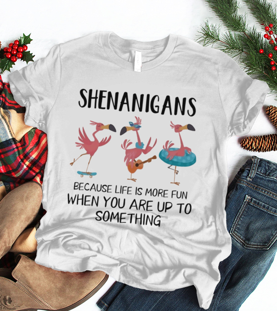 Shenanigans Flamingos Skateboarding Guitar Playing Pool Fun T-Shirt