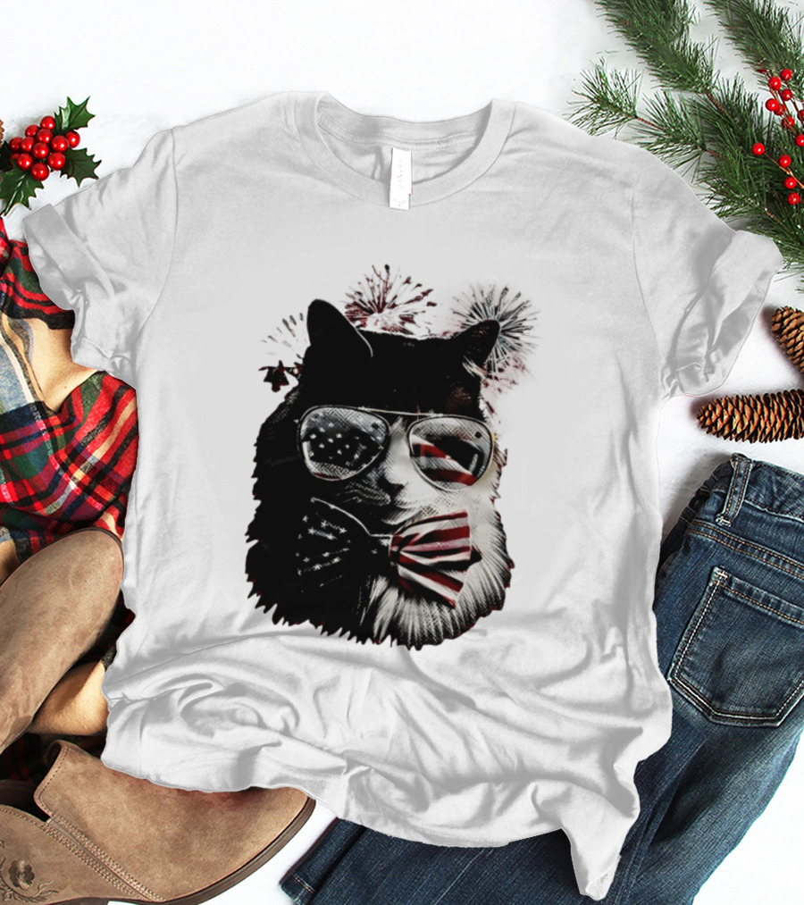 American Flag Cat Sunglasses And Bowtie Fireworks Independence Day T-Shirt