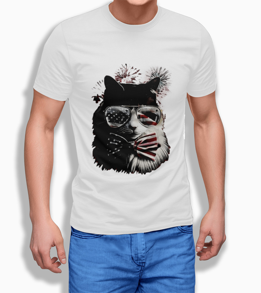 American Flag Cat Sunglasses And Bowtie Fireworks Independence Day T-Shirt