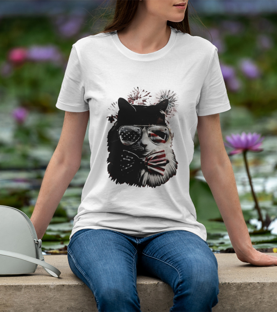 American Flag Cat Sunglasses And Bowtie Fireworks Independence Day T-Shirt