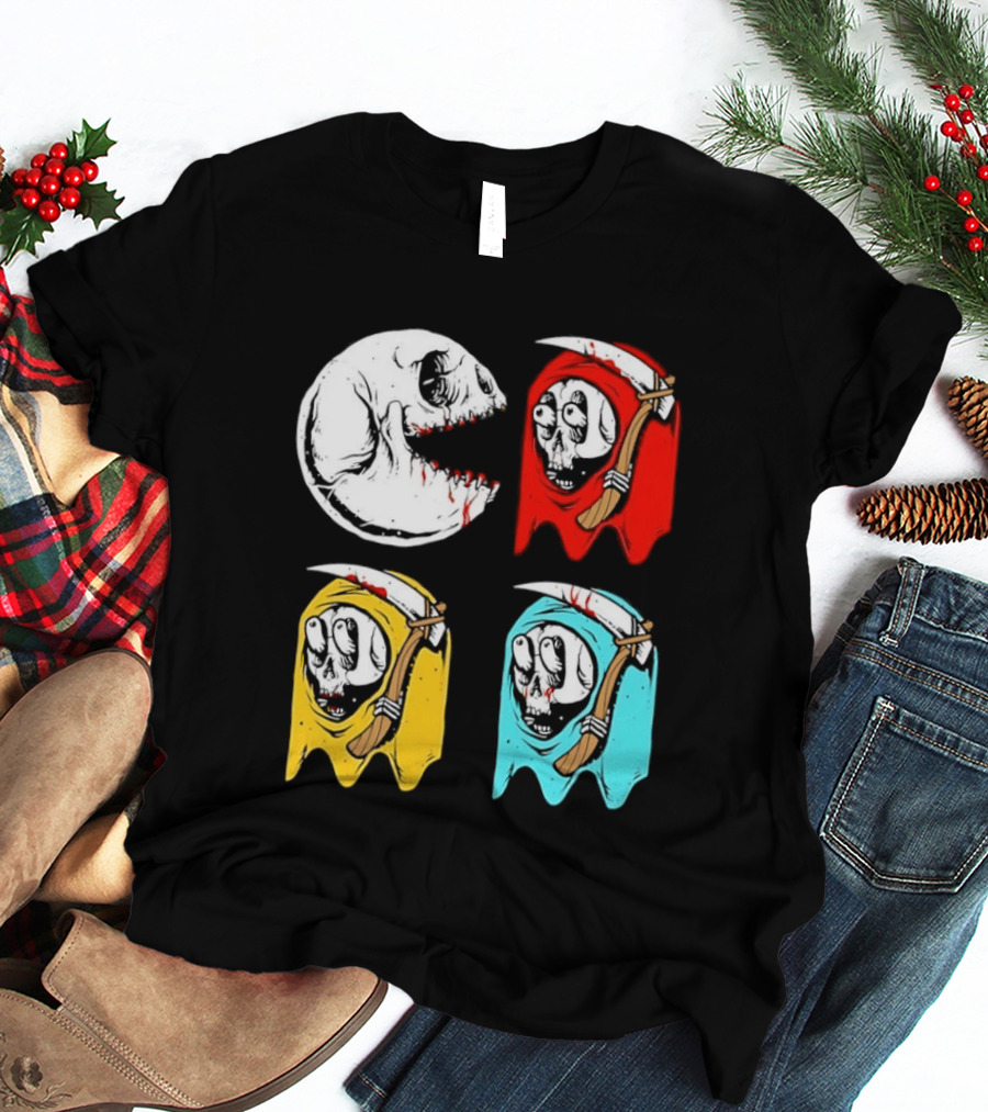 Pac Man Skeleton Skull Ghost Grim Reaper Red Yellow Blue T-Shirt