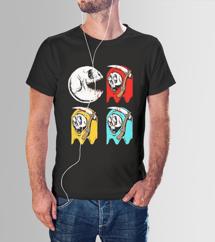 Pac Man Skeleton Skull Ghost Grim Reaper Red Yellow Blue T-Shirt