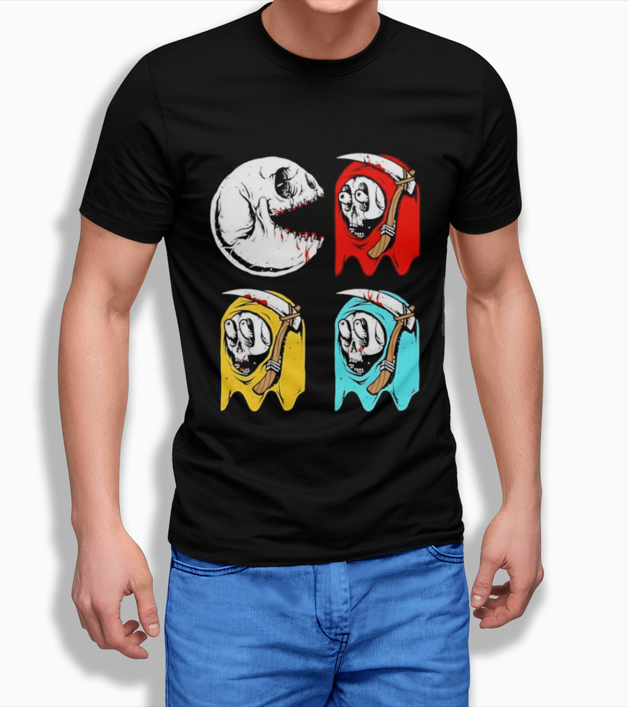 Pac Man Skeleton Skull Ghost Grim Reaper Red Yellow Blue T-Shirt