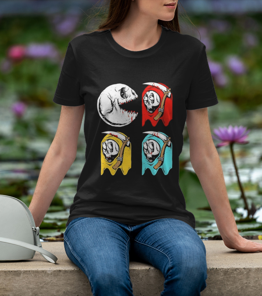 Pac Man Skeleton Skull Ghost Grim Reaper Red Yellow Blue T-Shirt