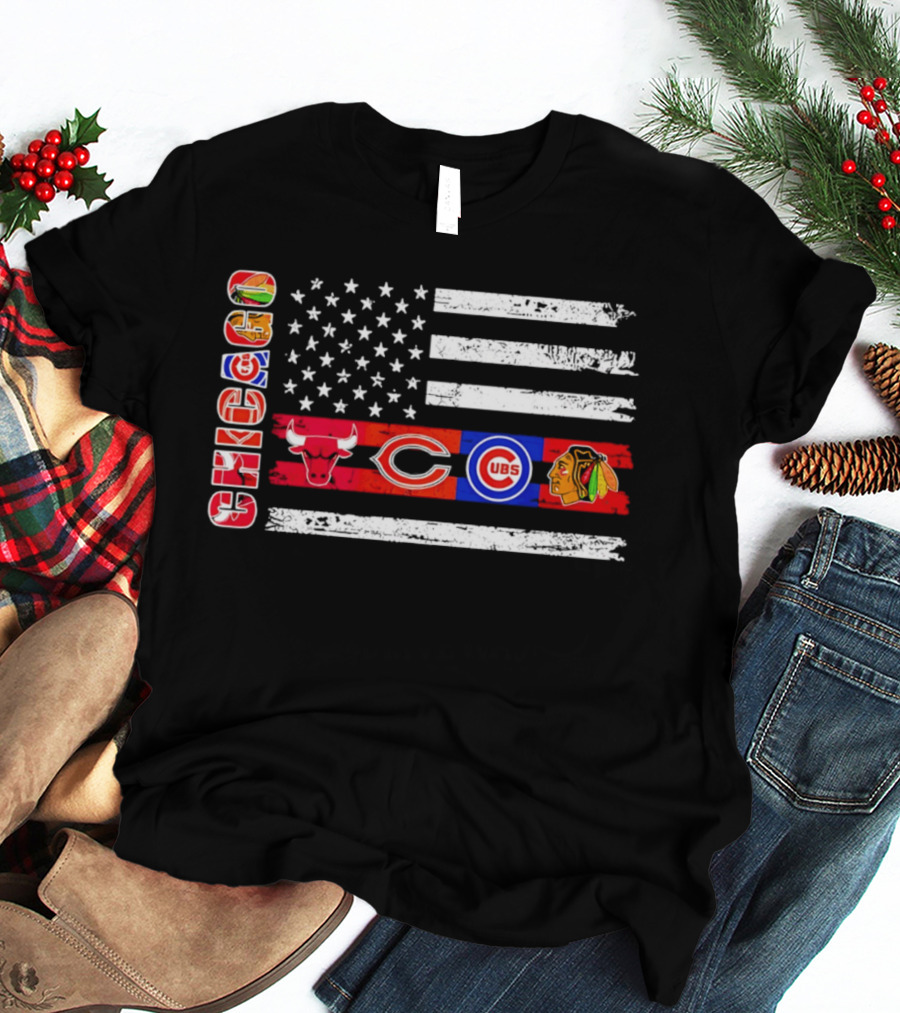 Chicago Bulls Bears Cubs Blackhawks American Flag T-Shirt