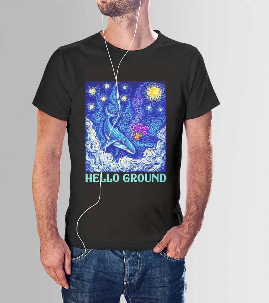 Hello Ground Whale Floating In Starry Night Van Gogh T-Shirt