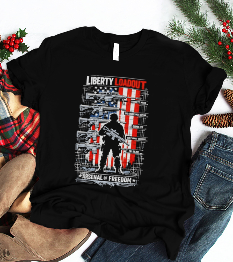 Liberty Loadout Arsenal Of Freedom USA Flag Soldier T-Shirt