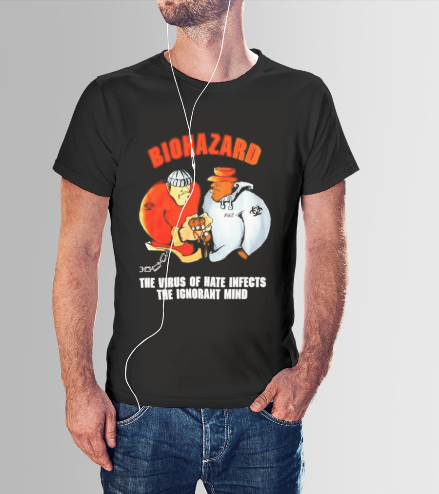 Biohazard The Virus Of Hate Infects The Ignorant Mind Orange And White Figures Confrontation T-Shirt