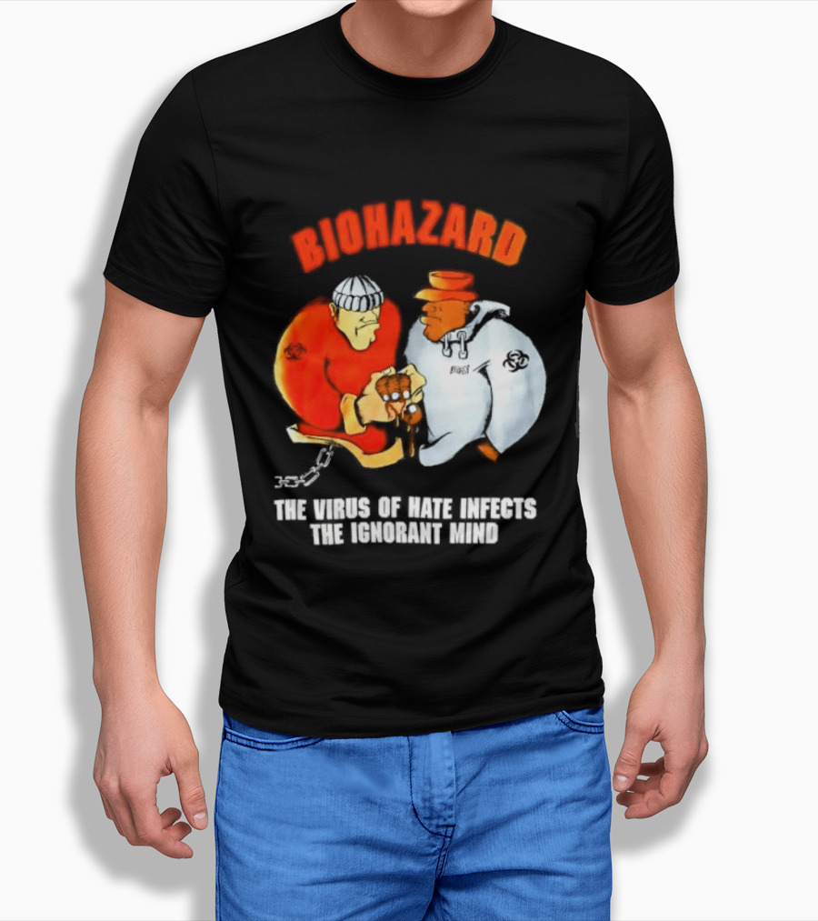 Biohazard The Virus Of Hate Infects The Ignorant Mind Orange And White Figures Confrontation T-Shirt