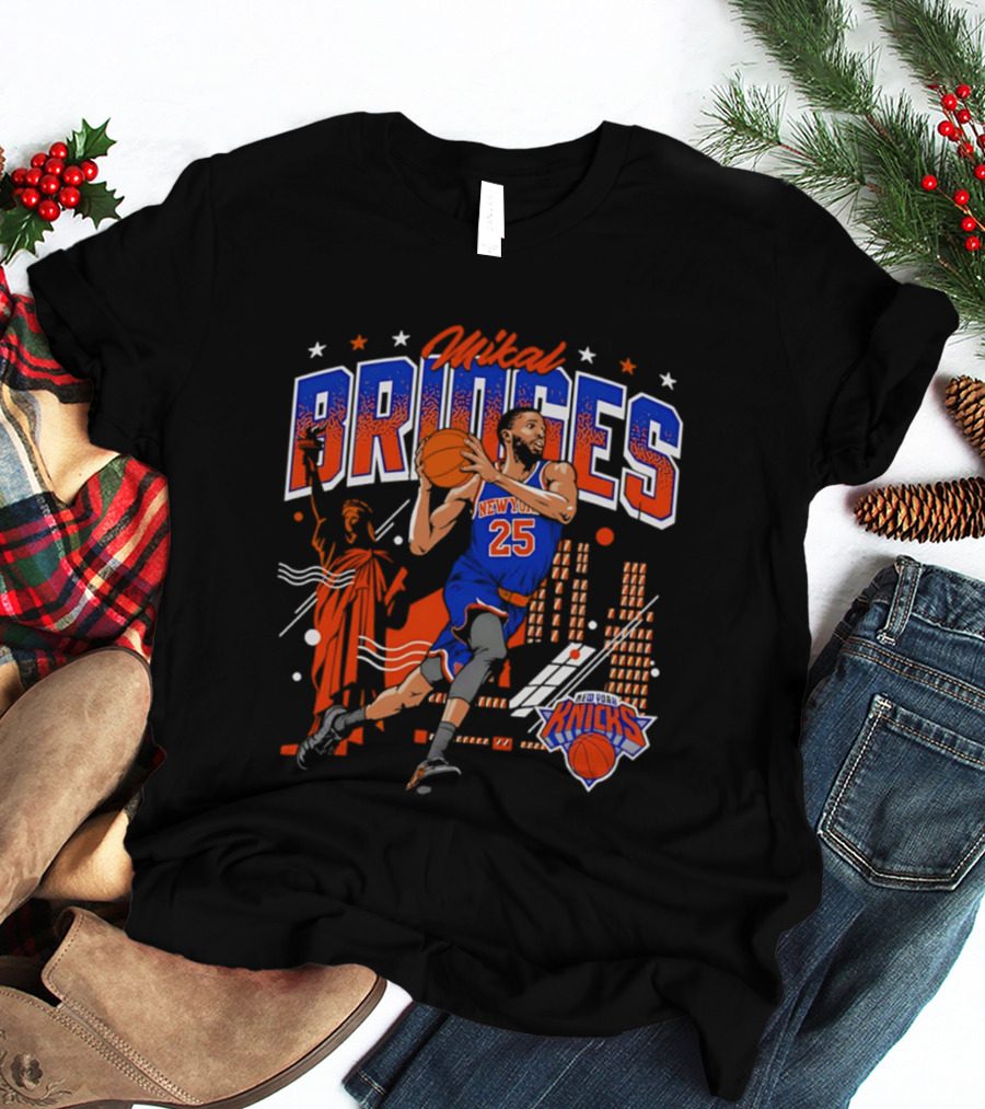 New York Knicks Mikal Bridges Basketball Player 25 Statue Of Liberty Skyline T-Shirt
