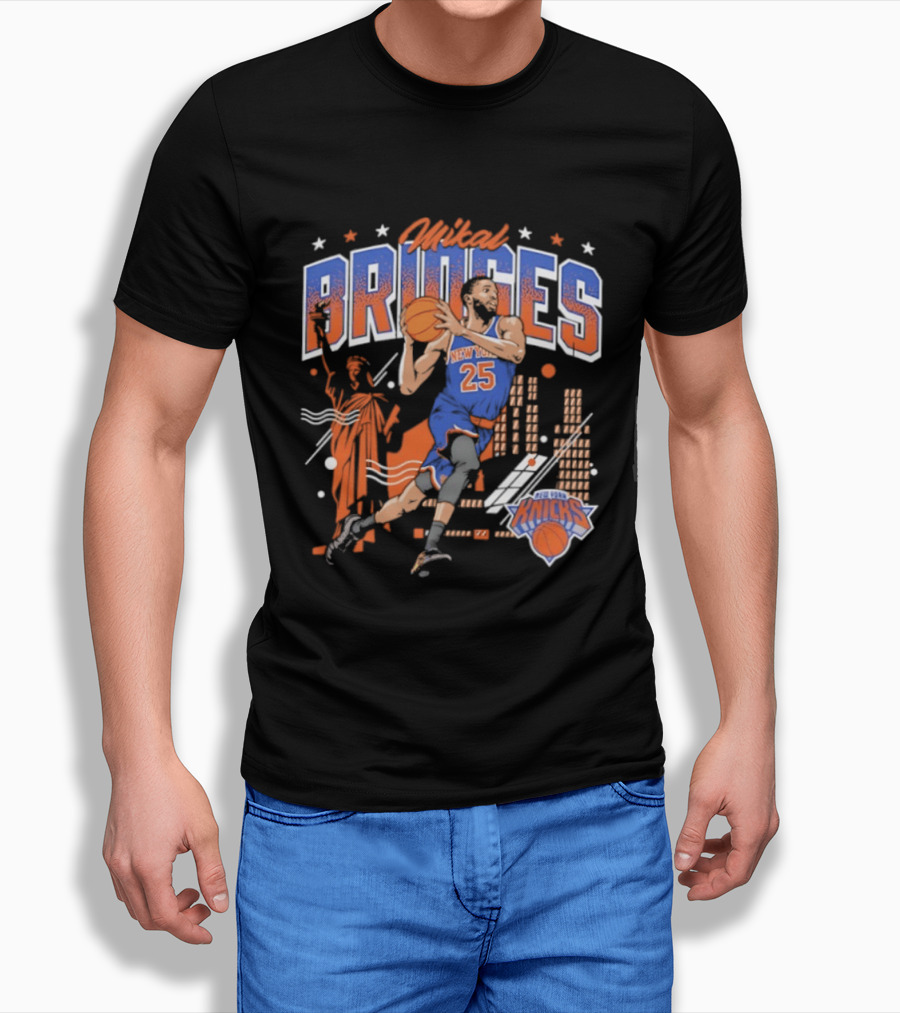 Mikal Bridges New York Knicks Basketball Skyline Statue Of Liberty T-Shirt