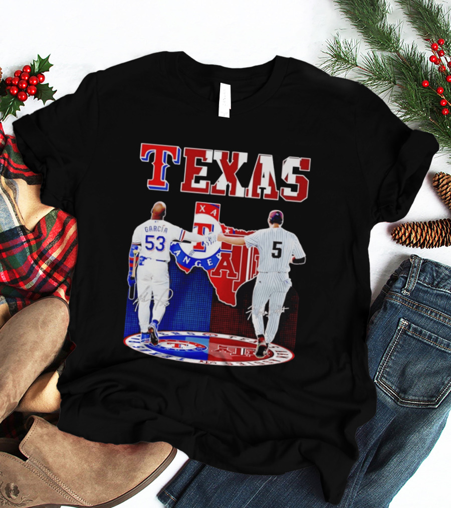 Texas Rangers Adolis Garcia And Texas A&M Aggies Hunter Schott Split Map T-Shirt