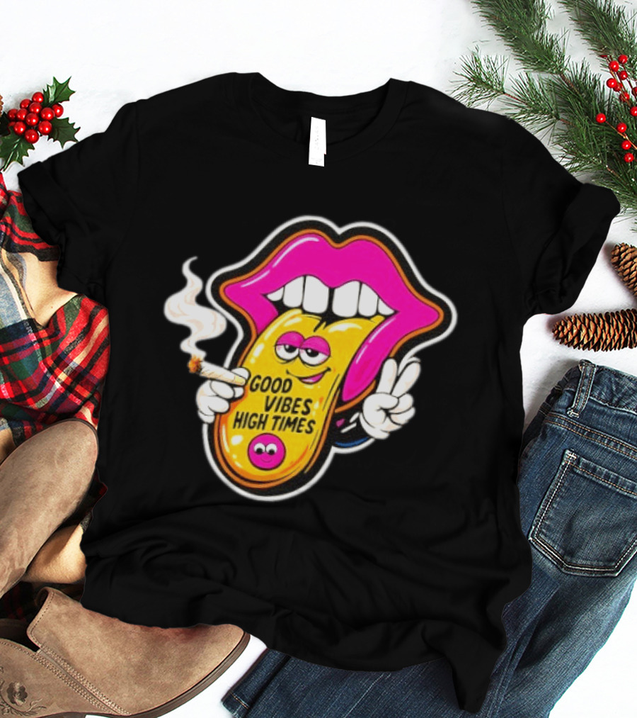 Good Vibes High Times Smoking Tongue And Peace Sign T-Shirt
