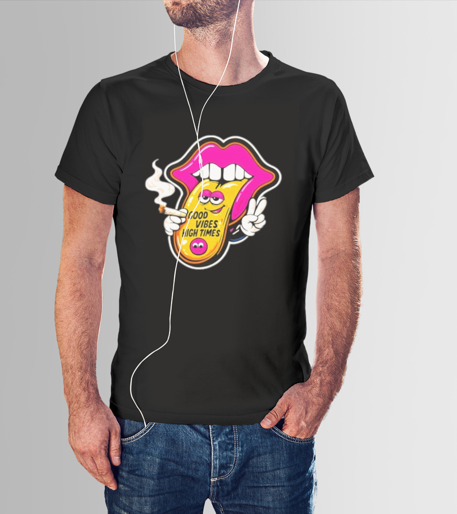 Good Vibes High Times Smoking Tongue And Peace Sign T-Shirt