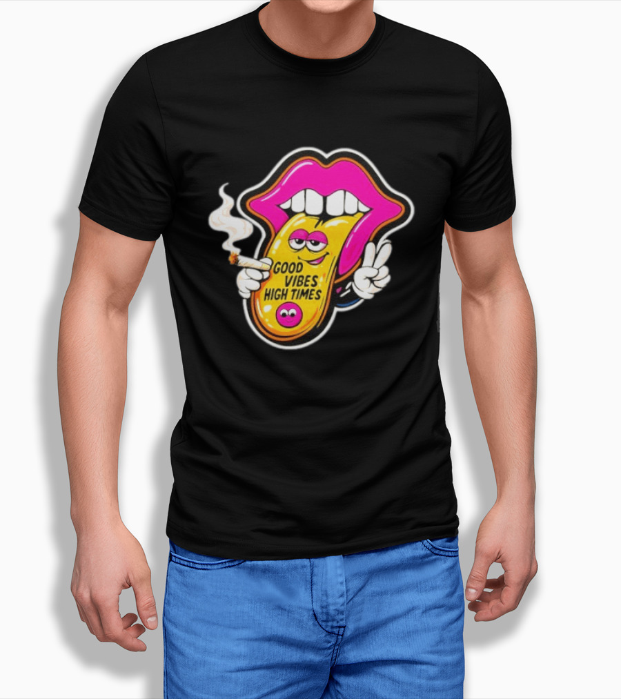 Good Vibes High Times Smoking Tongue And Peace Sign T-Shirt