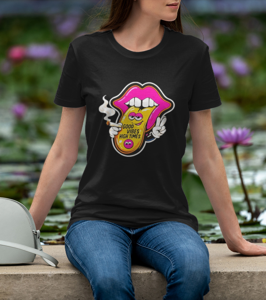 Good Vibes High Times Smoking Tongue And Peace Sign T-Shirt